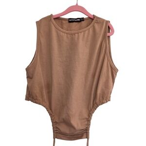 PrettyLittleThing Tan Ruched Sleeveless Bodysuit Size 10 Crew Neck Camel Top